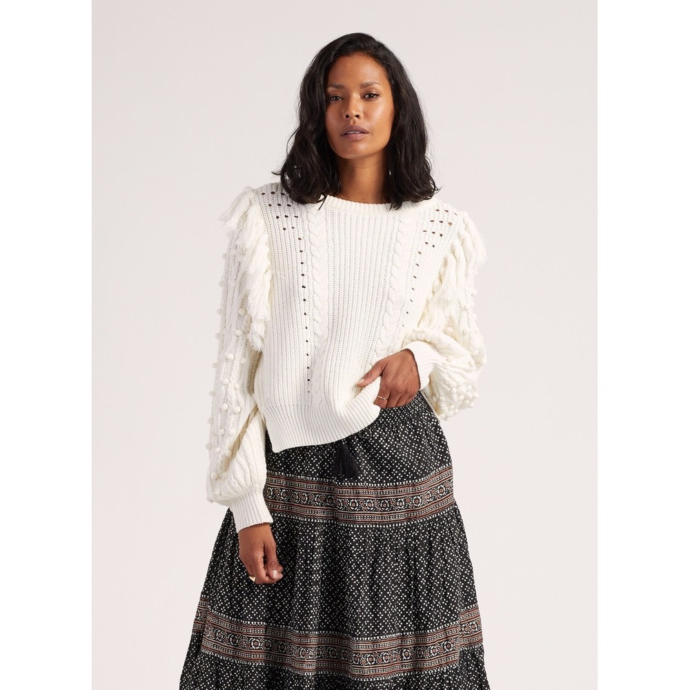 Cleobella Loma Sweater in Ivory Size Large Fringe Boho‎ Feminine Cozy Knit